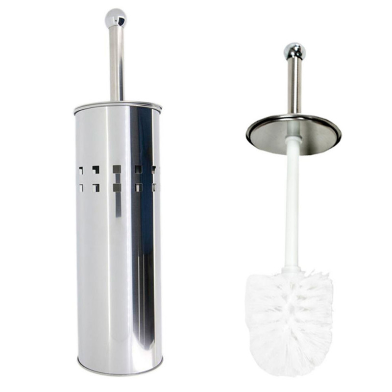 Tradineur - Escobillero redondo de acero inoxidable, cepillo blanco, limpieza, inodoro, baño, aseo (Cromado - 27 x 10 cm) Tradineur - Escobillero redondo de acero inoxidable, cepillo blanco, limpieza, inodoro, baño, aseo (Cromado - 27 x 10 cm)