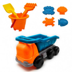 Tradineur - Camión de juguete con cubo, pala, rastrillo y 4 moldes, plástico resistente, niños, jugar en la arena, playa, parque