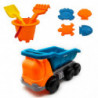 Tradineur - Camión de juguete con cubo, pala, rastrillo y 4 moldes, plástico resistente, niños, jugar en la arena, playa, parque