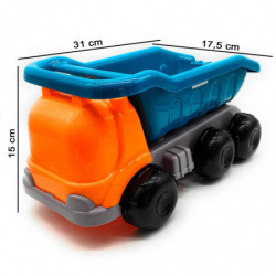 Tradineur - Camión de juguete con cubo, pala, rastrillo y 4 moldes, plástico resistente, niños, jugar en la arena, playa, parque
