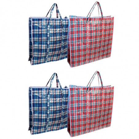 Tradineur - Pack de 4 bolsas plásticas de rafia, incluyen cremallera y asas, reutilizables, mudanzas, almacenamiento de ropa, ju