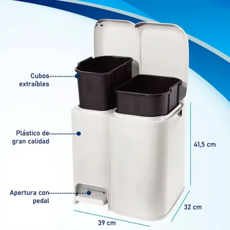 Tradineur - Cubo de basura doble de plástico con tapa, fácil apertura con pedal, papelera, contenedor almacenamiento de residuos