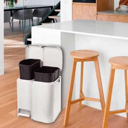 Tradineur - Cubo de basura doble de plástico con tapa, fácil apertura con pedal, papelera, contenedor almacenamiento de residuos