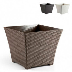Tradineur - Maceta Rattan cuadrada de plástico, macetero, tiesto, recipiente para plantas, flores, jardín, terraza, hogar, fabri