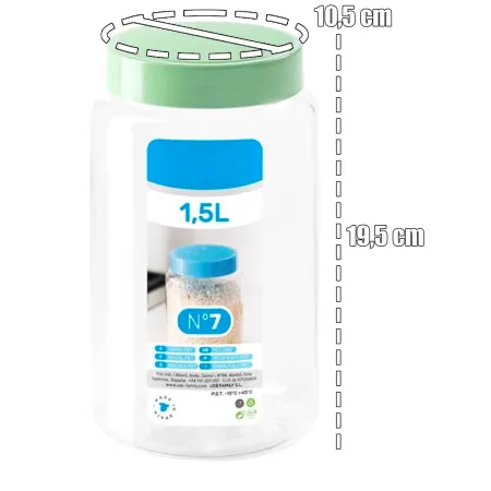 Tradineur - Tarro de plástico Nº 7 - Incluye tapa - Ideal para la conservación de tus alimentos - Capacidad de 1,5 Litros - 19,5