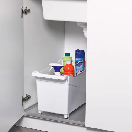 Tradineur - Carrito multiusos Nº3 de plástico con ruedas y asa, cesta organizadora para productos de limpieza, baño, cocina (Bla Tradineur - Carrito multiusos Nº3 de plástico con ruedas y asa, cesta organizadora para productos de limpieza, baño, cocina (Bla