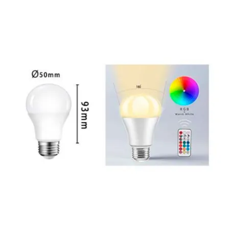 Bombilla led E27 6w luz fría 6400k A+ 93 x 50 mm 540 lm con memoria y mando regulador de colores con pila incluida Bombilla led E27 6w luz fría 6400k A+ 93 x 50 mm 540 lm con memoria y mando regulador de colores con pila incluida