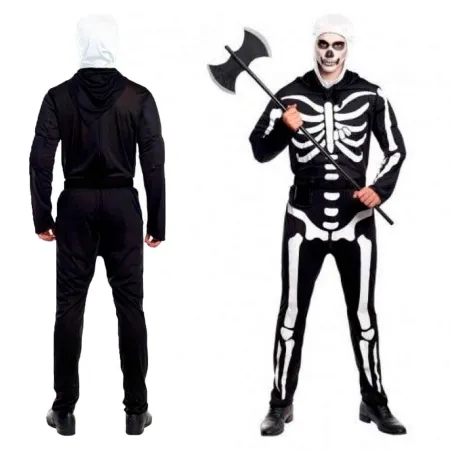 Tradineur - Disfraz de esqueleto, mono de color negro con diseño de huesos color blanco para jóvenes y adultos para carnaval, ha