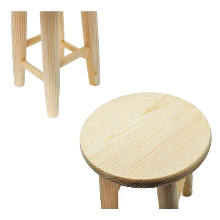 Tradineur - Taburete redondo de madera, banqueta de madera natural sin tratar con reposapiés, asiento para niños, hogar, cocina,