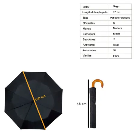 Tradineur - Paraguas de caballero plegable, mango de madera, poliéster pongee, antiviento, apertura automática, 8 varillas de fi