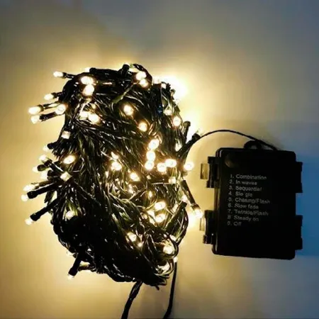 Tradineur - Tira de 50 luces navideñas LEDs a pilas (no incluidas) - Apto solo para interior y exterior - Función de luz fija e Tradineur - Tira de 50 luces navideñas LEDs a pilas (no incluidas) - Apto solo para interior y exterior - Función de luz fija e