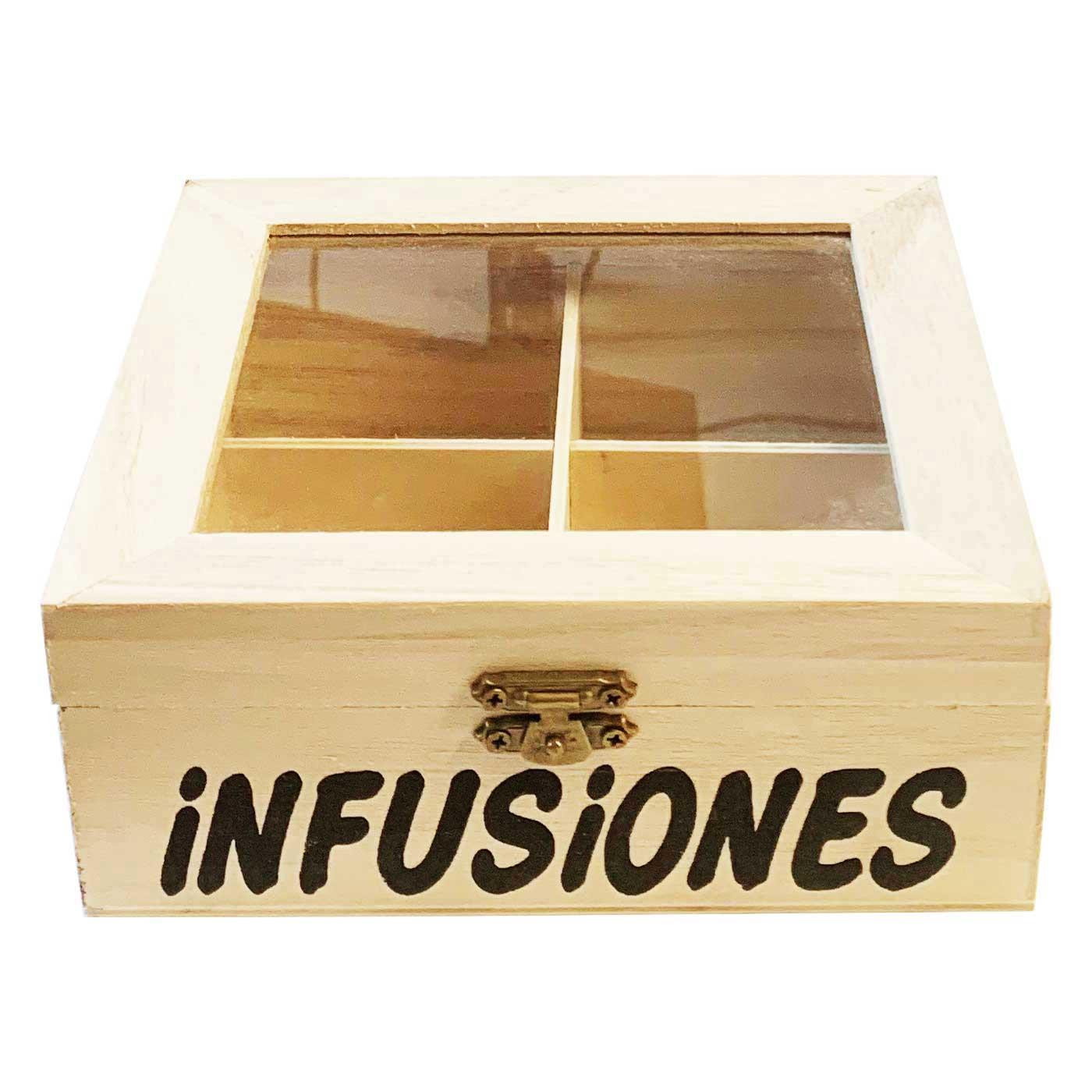 Caja de madera "infusiones" con 4 compartimentos 6.4 x 15.8 x 14 cm. Caja, cofre para decorar con tapa, almacenaje té, café