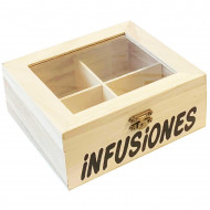 Caja de madera "infusiones" con 4 compartimentos 6.4 x 15.8 x 14 cm. Caja, cofre para decorar con tapa, almacenaje té, café