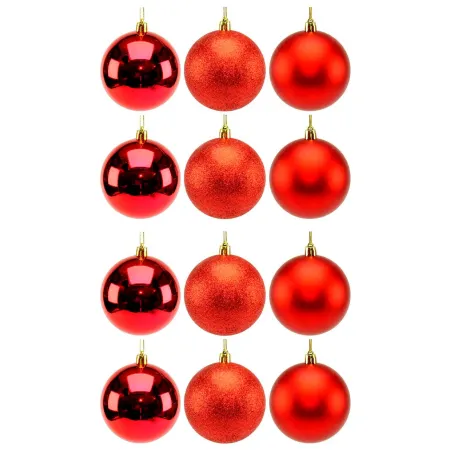 Pack de 12 bolas de navidad rojas, diámetro 8 cm, con cordón dorado para colgar en el árbol o abeto navideño, adornos festivos c Pack de 12 bolas de navidad rojas, diámetro 8 cm, con cordón dorado para colgar en el árbol o abeto navideño, adornos festivos c
