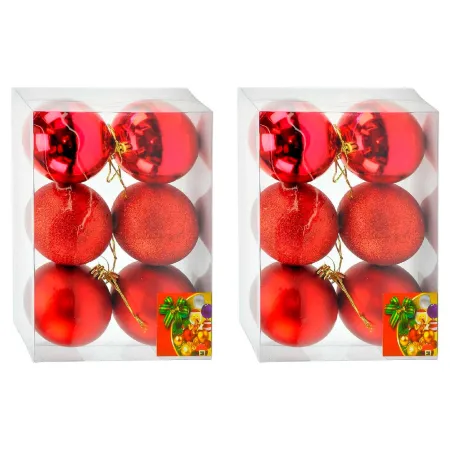 Pack de 12 bolas de navidad rojas, diámetro 8 cm, con cordón dorado para colgar en el árbol o abeto navideño, adornos festivos c Pack de 12 bolas de navidad rojas, diámetro 8 cm, con cordón dorado para colgar en el árbol o abeto navideño, adornos festivos c