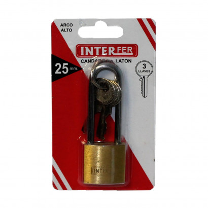 Interfer - Candado de latón, arco alto endurecido de acero, 25 mm, con 3 llaves para equipaje, taquillas de gimnasio, caja herramientas, gran resistencia