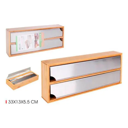 Tradineur - Dispensador de papel de aluminio para cajón, bambú, 33 x 13 x 5,5 cm. Expendedor doble de film transparente, acero i Tradineur - Dispensador de papel de aluminio para cajón, bambú, 33 x 13 x 5,5 cm. Expendedor doble de film transparente, acero i