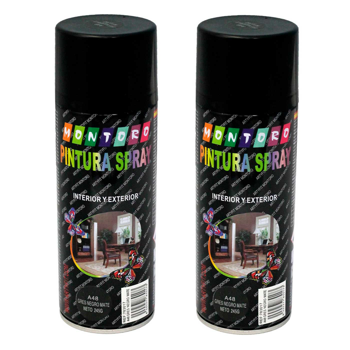 Montoro - Pack de 2 botes de pintura en spray Gres Negro Mate A48, 400 ml. Válido para multitud de materiales en interiores y exteriores