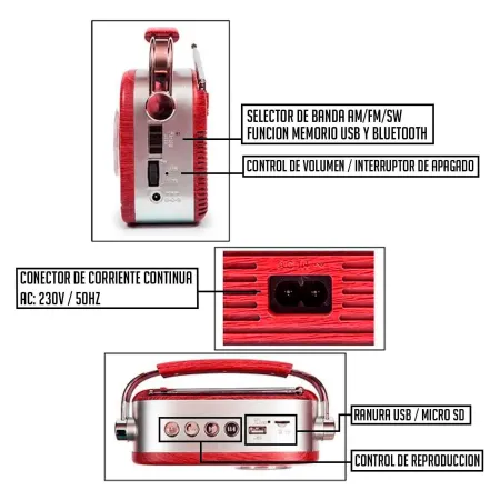 Tradineur - Radio vintage "Blues" portátil con asa, bluetooth, bandas AM/FM/SW, batería recargable, ranuras usb y micro SD, ante Tradineur - Radio vintage "Blues" portátil con asa, bluetooth, bandas AM/FM/SW, batería recargable, ranuras usb y micro SD, ante