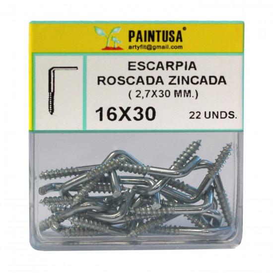 Pack de 22 escarpias roscadas zincadas 16 x 30 mm, juego de ganchos en forma de L, tornillos para madera roscados para atornillar, alcayatas con rosca para colgar cuadros