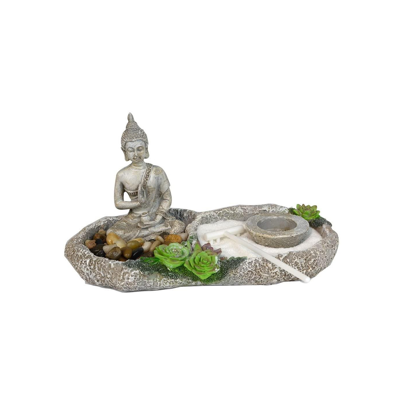 Jardín zen decorativo de resina con posavelas 13,5 x 26 x 14 cm. Figura decorativa para hogar o jardín, regalo original