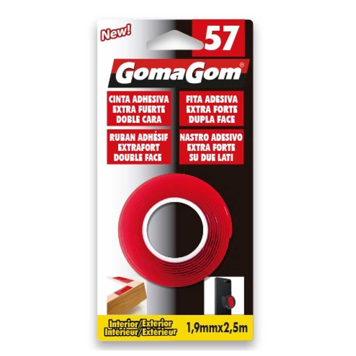 Gomagom - Cinta adhesiva doble cara extra fuerte fácil y segura, perfecto para madera paredes vidrio y metal, fijación extra fuerte y resistente de forma rápida 1,9 mm x 2,5 m (Color rojo)