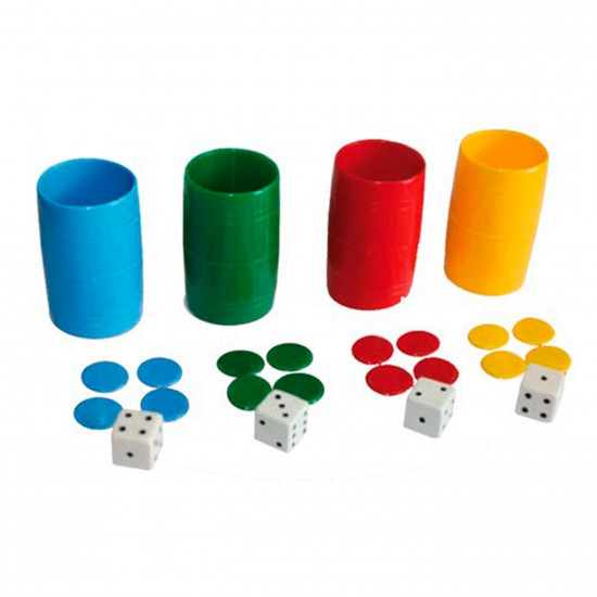 Set 4 cubiletes de parchís con fichas, dados y estuche de plástico, accesorios juegos de mesa, tradicional, desarrollo de habilidades cognitivas