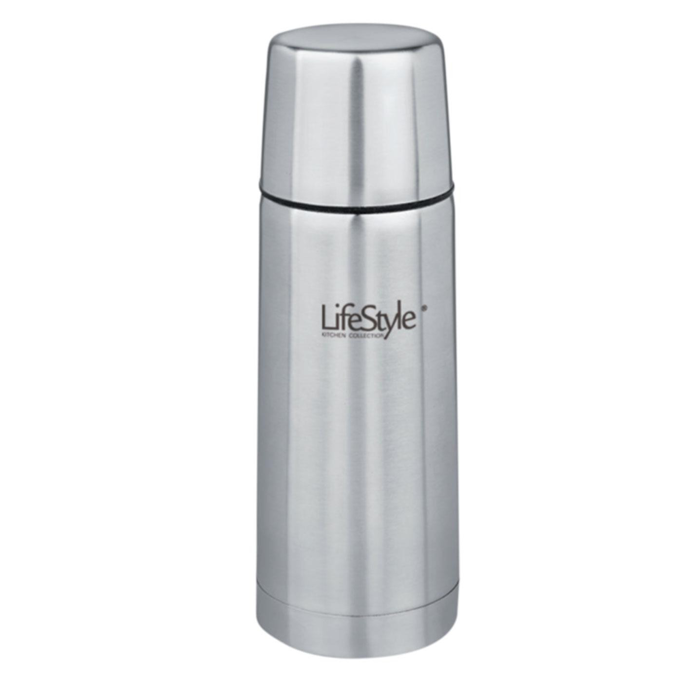 LifeStyle - Termo para líquidos y bebidas, acero inoxidable, 350 ml, botella térmica con tapón-vaso, cierre a presión 25 x 8 cm, recipiente para café, té, acampada, excursión