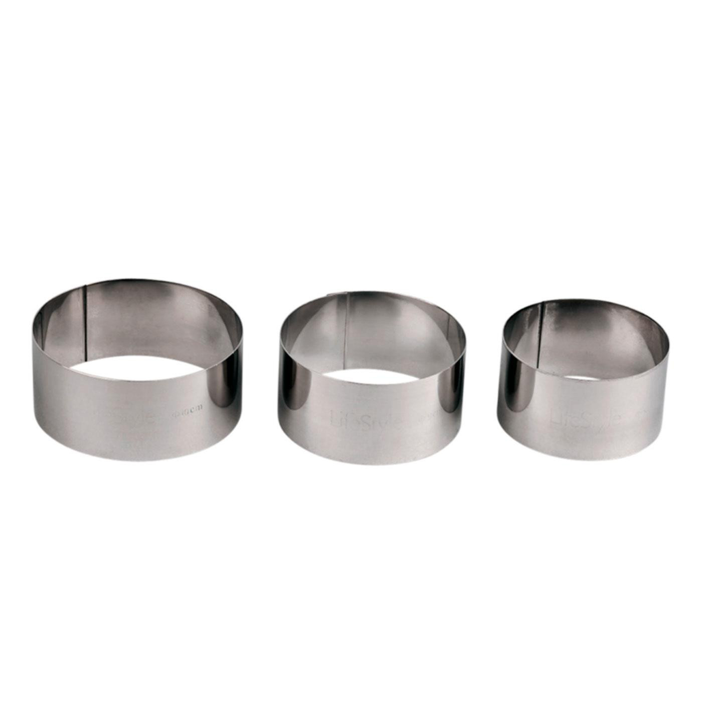 LifeStyle - Set de 3 aros de acero inox para emplatar de 10, 9, 8  cm de diámetro y 4,5 de alto especial para cocina y repostería. Pack de 3 anillos para decoración de platos.