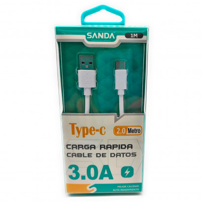 Cable de datos para móvil Tipo C, 3.0A, carga rápida, 2 metros de cable, transferencia de datos de móvil a portátil u otro dispositivo, blanco