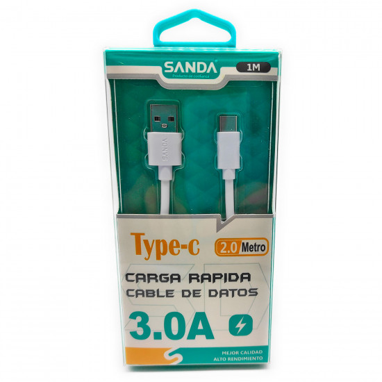 Cable de datos para móvil Tipo C, 3.0A, carga rápida, 2 metros de cable, transferencia de datos de móvil a portátil u otro dispositivo, blanco