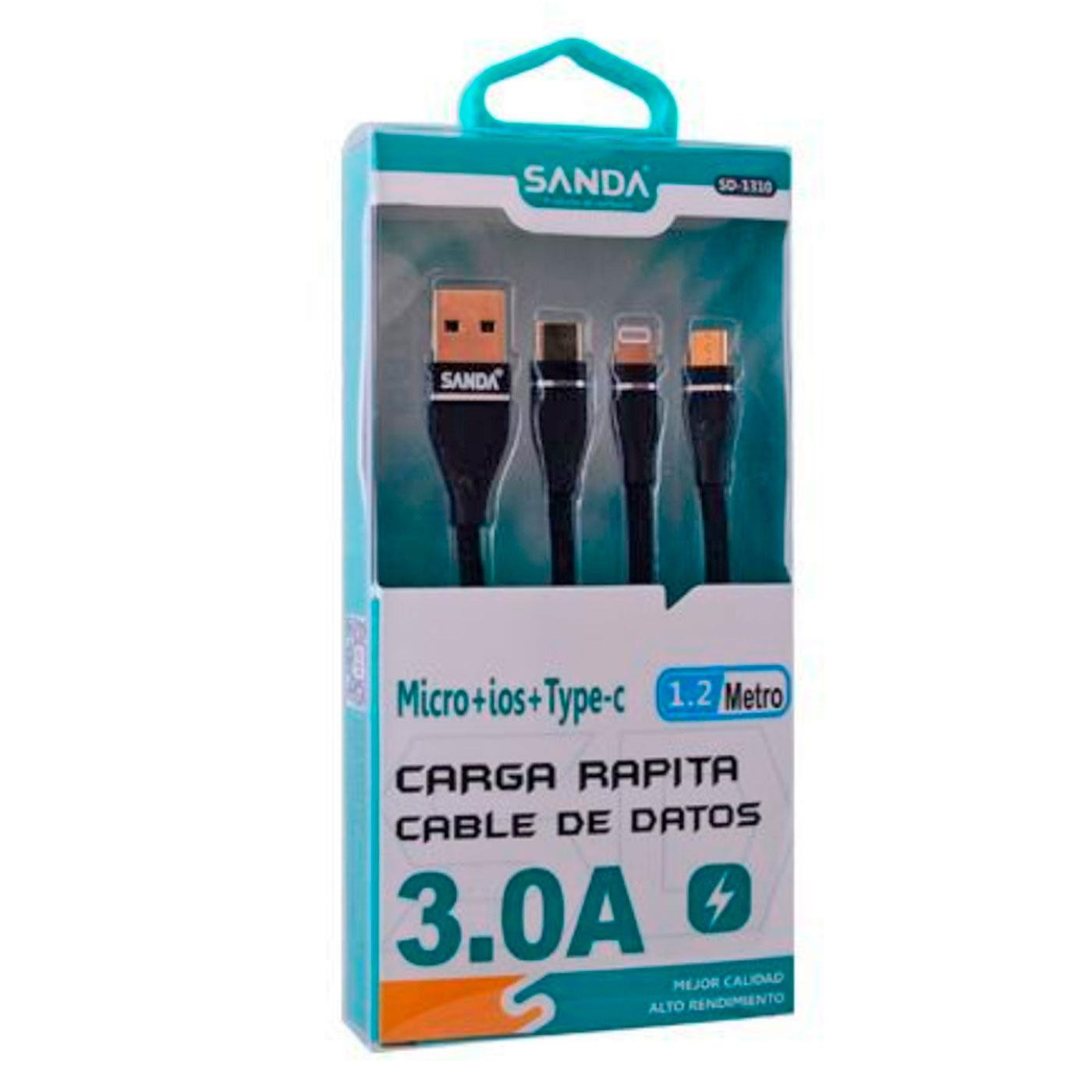 Cable de datos para móvil 3 en 1, micro-usb + iOS + Tipo C, 1,2 m, carga rápida, transferencia de datos de móvil a portátil u otro dispositivo, color aleatorio