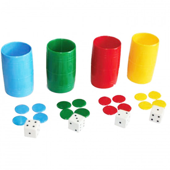 Set 4 cubiletes y fichas de parchís, dados y estuche de plástico, accesorios juegos de mesa, tradicional, desarrollo de habilidades cognitivas