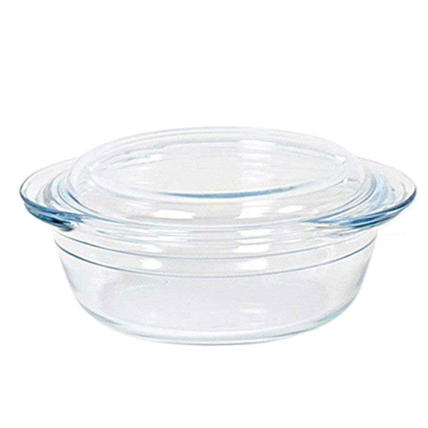 Cacerola de vidrio borosilicato con tapa 1.1 L + 0,3 L. Cazuela, fuente, molde redondo para horno con asas 21 x 18 x 8 cm