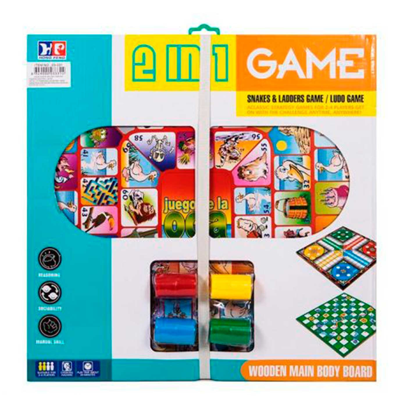 Tablero parchis y oca 2 en 1 juego de mesa 40 x 40 cm, 4 jugadores, incluye cubiletes, fichas y dados