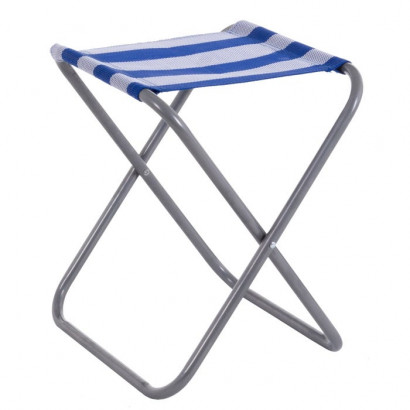 Taburete plegable camping portátil 33 x 31 x 39 cm, asiento, banqueta de hierro y textileno para playa, acampada, pesca, caza, senderismo, picnic, diseño con rayas azul y blancas