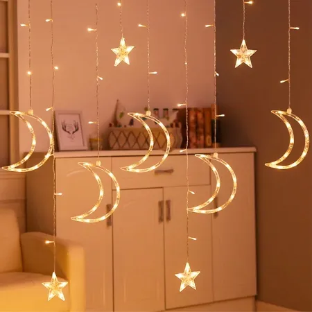 Tradineur - Cortina luces LED con lunas y estrellas, guirnalda luminosa para interior, 9W, incluye mando regulador, Navidad, ven Tradineur - Cortina luces LED con lunas y estrellas, guirnalda luminosa para interior, 9W, incluye mando regulador, Navidad, ven