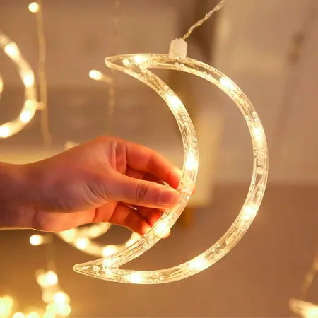 Tradineur - Cortina luces LED con lunas y estrellas, guirnalda luminosa para interior, 9W, incluye mando regulador, Navidad, ven Tradineur - Cortina luces LED con lunas y estrellas, guirnalda luminosa para interior, 9W, incluye mando regulador, Navidad, ven