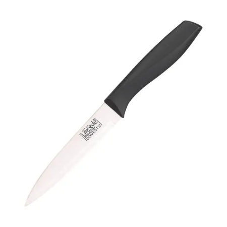 Tradineur - Cuchillo de cocina profesional, hoja fina de 13 cm de acero inoxidable, mango de plástico negro, corte preciso, uten