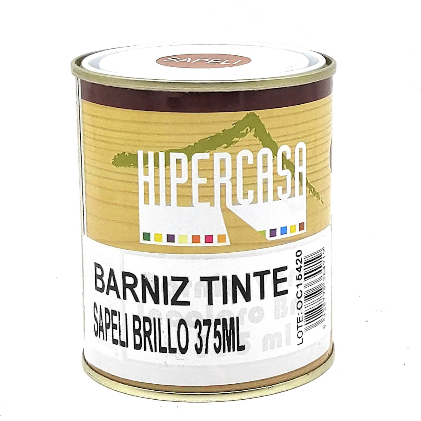 Barniz color "sapeli"  para madera, en bote de 375 ml, para el cuidado de maderas o muebles. Pintura para maderas incoloro para uso industrial de 8 cm de diámetro y 9,5 cm de alto.