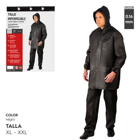 Tradineur - Chubasquero de 2 piezas con capucha - Fabricado al 100% poliéster - Costura termoselladas - Talla XL, XXL - Color Ne Tradineur - Chubasquero de 2 piezas con capucha - Fabricado al 100% poliéster - Costura termoselladas - Talla XL, XXL - Color Ne