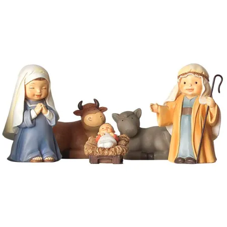 Tradineur - Set de 5 figuras del nacimiento Naïf para belén navideño, marmolina, José, María, niño Jesús, buey y mula, adornos, Tradineur - Set de 5 figuras del nacimiento Naïf para belén navideño, marmolina, José, María, niño Jesús, buey y mula, adornos,