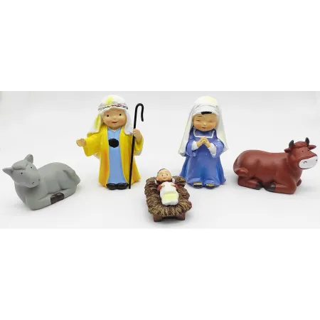 Tradineur - Set de 5 figuras del nacimiento Naïf para belén navideño, marmolina, José, María, niño Jesús, buey y mula, adornos, Tradineur - Set de 5 figuras del nacimiento Naïf para belén navideño, marmolina, José, María, niño Jesús, buey y mula, adornos,