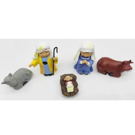 Tradineur - Set de 5 figuras del nacimiento Naïf para belén navideño, marmolina, José, María, niño Jesús, buey y mula, adornos, Tradineur - Set de 5 figuras del nacimiento Naïf para belén navideño, marmolina, José, María, niño Jesús, buey y mula, adornos,