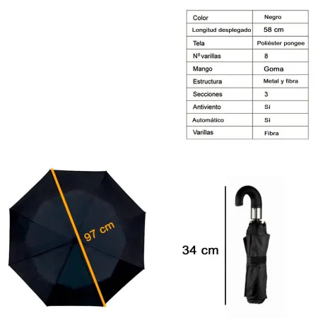 Tradineur - Paraguas plegable de caballero, poliéster, mango curvo de goma, automático y antiviento, 8 varillas de fibra, ligero