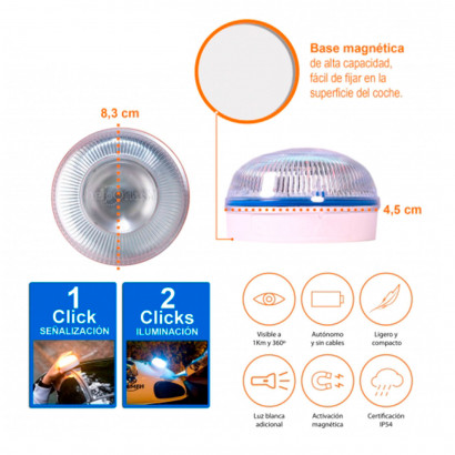 Luz de emergencia autónoma, señal V16 preseñalización de peligro + linterna, homologada, activación automática, autorizada por la DGT, base imantada, amarillo auto