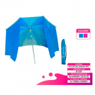 Sombrilla de nylon con paraviento 200 cm, parasol aluminio playa con bolsa, mástil diámetro 22-25 mm, varillas fibra de vidrio, color aleatorio