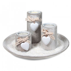 Bandeja con 3 portavelas de madera con corazón y arena blanca 24,8 x 13 cm, velas decorativas jardín, baño, bodas, decoración vi