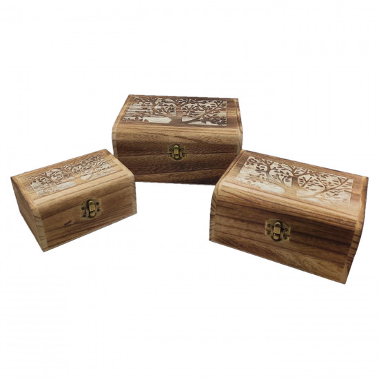 Conjunto 3 cajas de madera, forma de baúl, 9 x 19 x 15,5 cm, juego cajas rectangulares decorativas, cierre metálico frontal, almacenaje objetos de valor, joyas