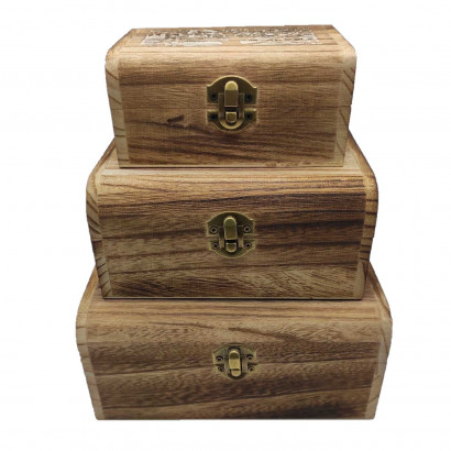 Conjunto 3 cajas de madera, forma de baúl, 9 x 19 x 15,5 cm, juego cajas rectangulares decorativas, cierre metálico frontal, almacenaje objetos de valor, joyas